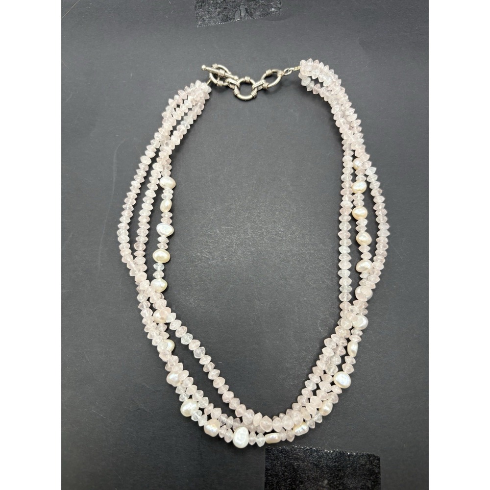 18" Sterling Silver Rose Quartz Pearl Triple Strand 925 G24